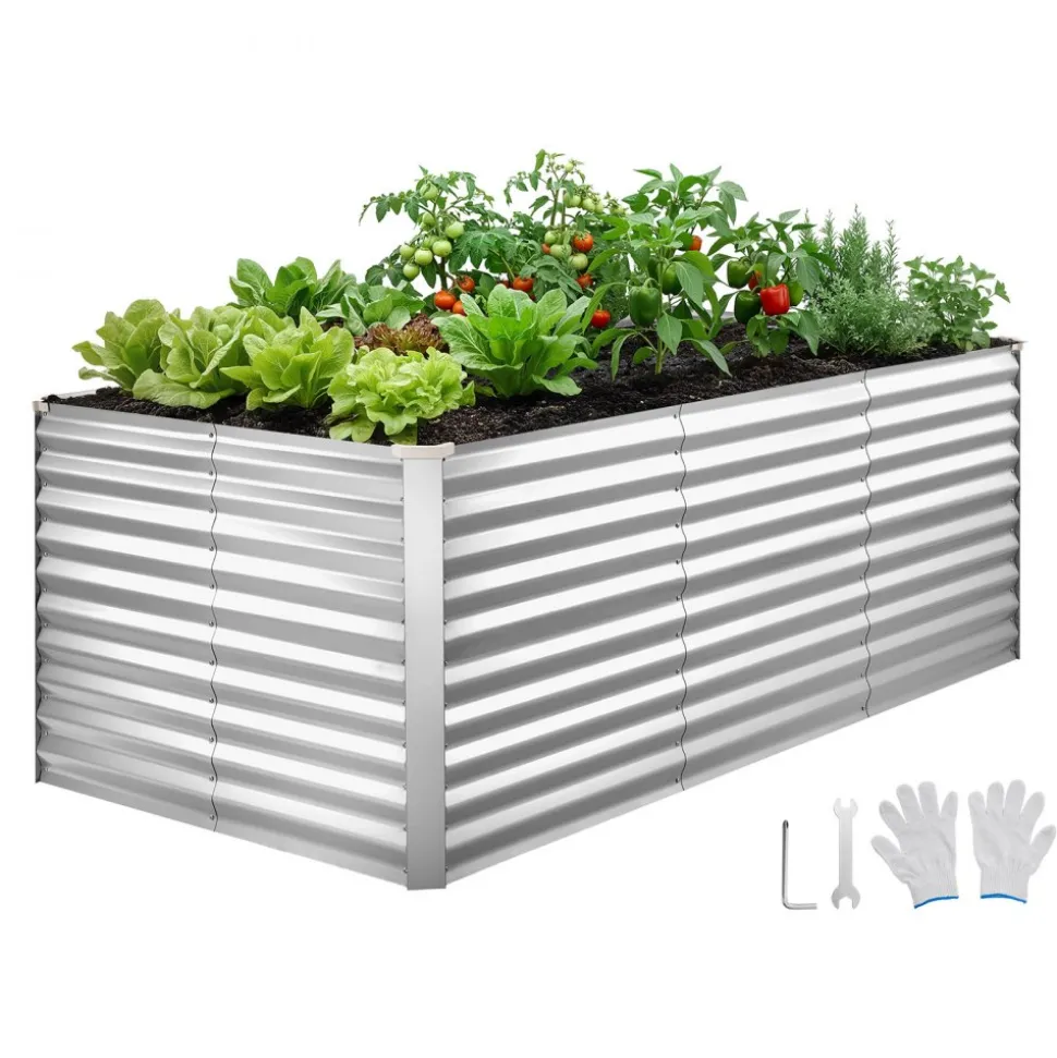 VEVOR Galvanized Raised Garden Bed, 8 x 4 x 3 ft, Rectangular Metal Planter Box Kit Outdoor, Bottomless Elevated Planting Box with Gloves, Rustproof Alu-Zinc, for Growing Flowers Vegetables, Silver