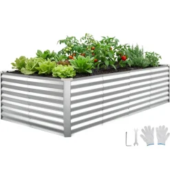 VEVOR Galvanized Raised Garden Bed, 8 x 4 x 2 ft, Rectangular Metal Planter Box Kit Outdoor, Bottomless Elevated Planting Box with Gloves, Rustproof Alu-Zinc, for Growing Flowers Vegetables, Silver