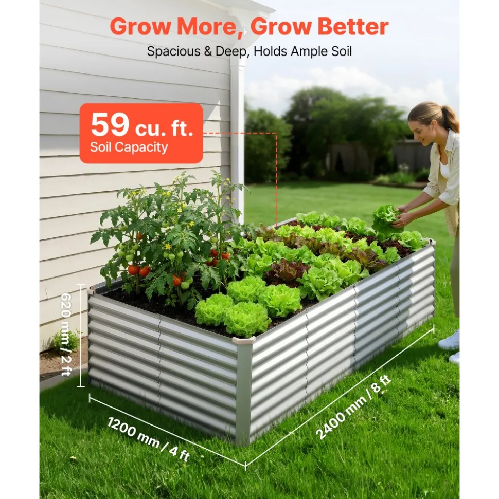 VEVOR Galvanized Raised Garden Bed, 8 x 4 x 2 ft, Rectangular Metal Planter Box Kit Outdoor, Bottomless Elevated Planting Box with Gloves, Rustproof Alu-Zinc, for Growing Flowers Vegetables, Silver