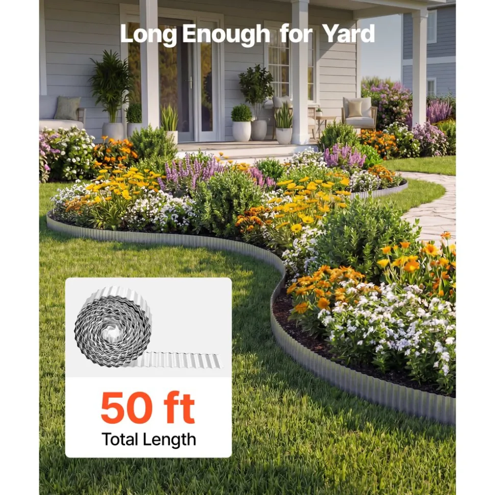 VEVOR Galvanized Steel Landscape Edging, 50 ft x 6 in Metal Edging for Landscaping with Gloves, Easy-to-Install Bendable Metal Strips, Heavy Duty Metal Garden Edge Border for Flower Bed, Yard Pathway