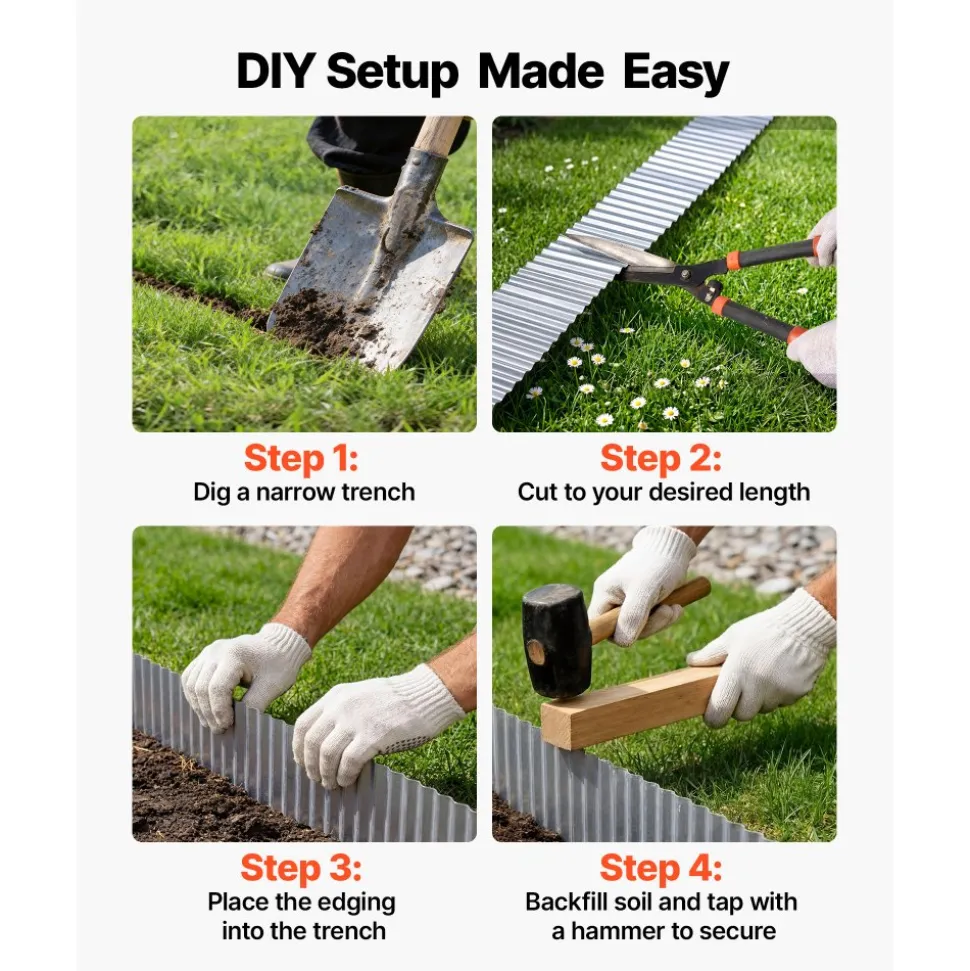 VEVOR Galvanized Steel Landscape Edging, 50 ft x 6 in Metal Edging for Landscaping with Gloves, Easy-to-Install Bendable Metal Strips, Heavy Duty Metal Garden Edge Border for Flower Bed, Yard Pathway
