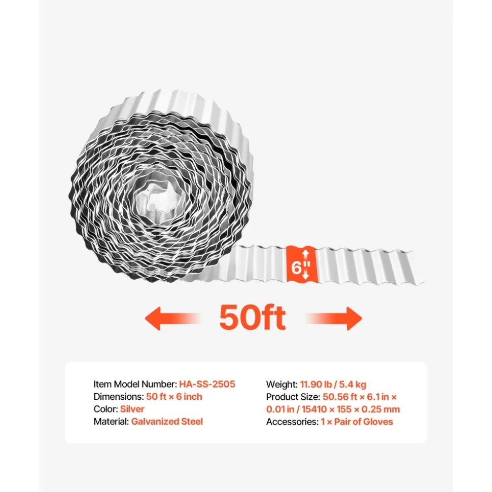 VEVOR Galvanized Steel Landscape Edging, 50 ft x 6 in Metal Edging for Landscaping with Gloves, Easy-to-Install Bendable Metal Strips, Heavy Duty Metal Garden Edge Border for Flower Bed, Yard Pathway