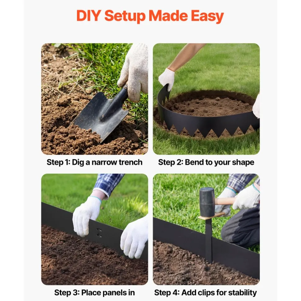 VEVOR Galvanized Steel Landscape Edging, 6-Pack 40 x 6 Inch Metal Edging for Landscaping with 6 Mounting Clips, Bendable Metal Garden Edge Border for Flower Bed, Yard Pathway, Black