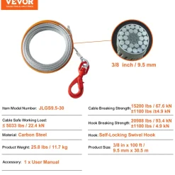 VEVOR Galvanized Steel Winch Cable, 3/8 Inch x 100 Feet 15,200 lbs Breaking Strength, Wire Winch Rope with Swivel Hook, Towing Cable Heavy Duty, Universal Fit for SUV, Large Off-Road Vehicle, Truck