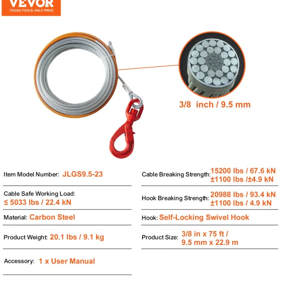 VEVOR Galvanized Steel Winch Cable, 3/8 Inch x 75 Feet 15,200 lbs Breaking Strength, Wire Winch Rope with Swivel Hook, Towing Cable Heavy Duty, Universal Fit for SUV, Large Off-Road Vehicle, Truck