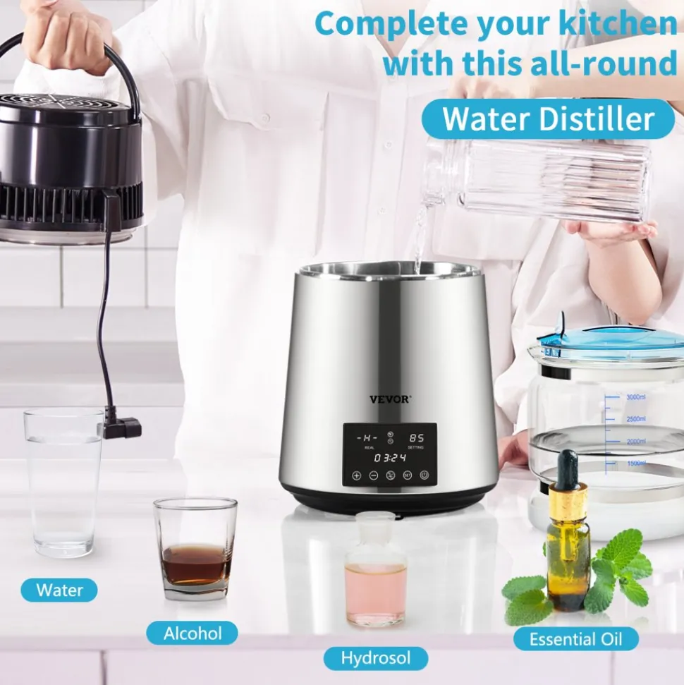 VEVOR 1.1Gal Water Distiller, 0.3Gal/H, 750W Distilled Water Maker Machine 0-99H Timing Dual Temp Display, 304 Stainless Steel Countertop Distiller Glass Carafe Cleaning Powder 3 Carbon Packs, Silver