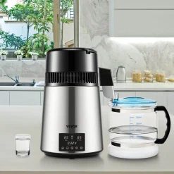 VEVOR 1.1Gal Water Distiller, 0.3Gal/H, 750W Distilled Water Maker Machine 0-99H Timing Dual Temp Display, 304 Stainless Steel Countertop Distiller Glass Carafe Cleaning Powder 3 Carbon Packs, Silver