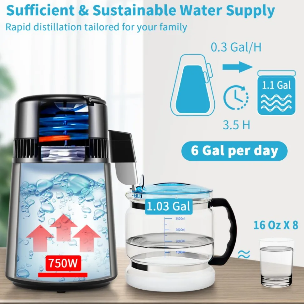VEVOR 1.1Gal Water Distiller, 0.3Gal/H, 750W Distilled Water Maker Machine 0-99H Timing Dual Temp Display, 304 Stainless Steel Countertop Distiller Glass Carafe Cleaning Powder 3 Carbon Packs, Silver