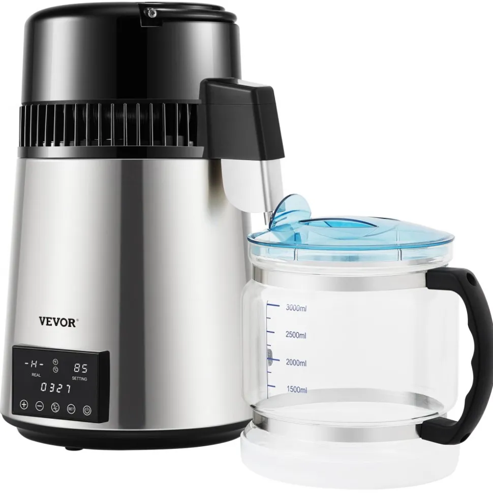 VEVOR 1.1Gal Water Distiller, 0.3Gal/H, 750W Distilled Water Maker Machine 0-99H Timing Dual Temp Display, 304 Stainless Steel Countertop Distiller Glass Carafe Cleaning Powder 3 Carbon Packs, Silver