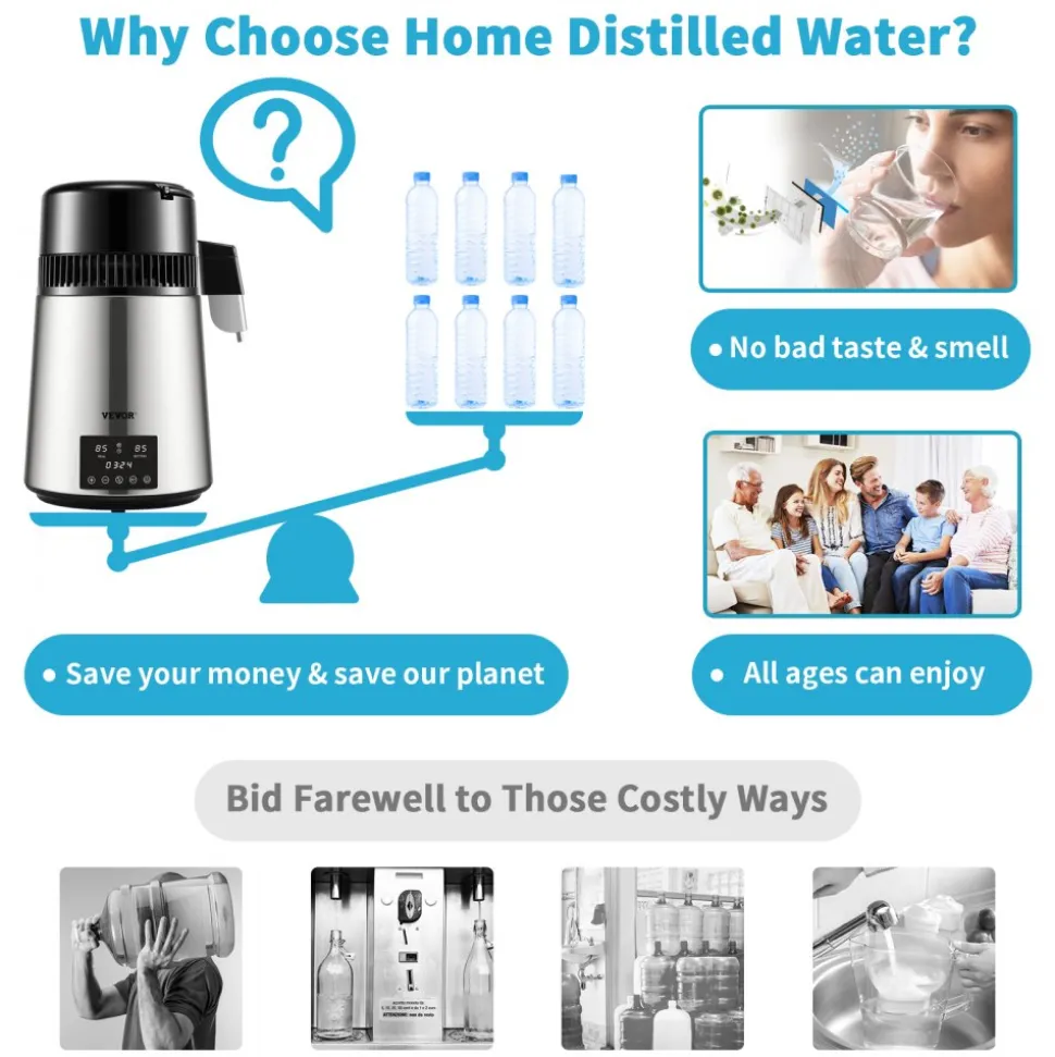 VEVOR 1.1Gal Water Distiller, 0.3Gal/H, 750W Distilled Water Maker Machine 0-99H Timing Dual Temp Display, 304 Stainless Steel Countertop Distiller Glass Carafe Cleaning Powder 3 Carbon Packs, Silver