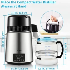 VEVOR 1.1Gal Water Distiller, 0.3Gal/H, 750W Distilled Water Maker Machine 0-99H Timing Dual Temp Display, 304 Stainless Steel Countertop Distiller Glass Carafe Cleaning Powder 3 Carbon Packs, Silver