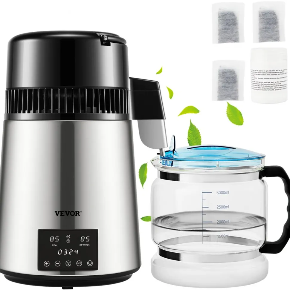 VEVOR 1.1Gal Water Distiller, 0.3Gal/H, 750W Distilled Water Maker Machine 0-99H Timing Dual Temp Display, 304 Stainless Steel Countertop Distiller Glass Carafe Cleaning Powder 3 Carbon Packs, Silver