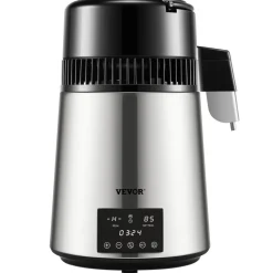 VEVOR 1.1Gal Water Distiller, 0.3Gal/H, 750W Distilled Water Maker Machine 0-99H Timing Dual Temp Display, 304 Stainless Steel Countertop Distiller Glass Carafe Cleaning Powder 3 Carbon Packs, Silver