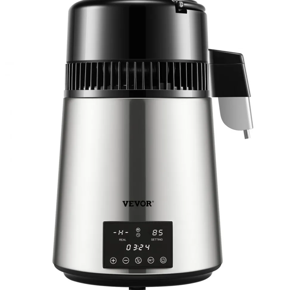 VEVOR 1.1Gal Water Distiller, 0.3Gal/H, 750W Distilled Water Maker Machine 0-99H Timing Dual Temp Display, 304 Stainless Steel Countertop Distiller Glass Carafe Cleaning Powder 3 Carbon Packs, Silver