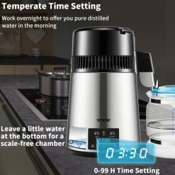 VEVOR 1.1Gal Water Distiller, 0.3Gal/H, 750W Distilled Water Maker Machine 0-99H Timing Dual Temp Display, 304 Stainless Steel Countertop Distiller Glass Carafe Cleaning Powder 3 Carbon Packs, Silver