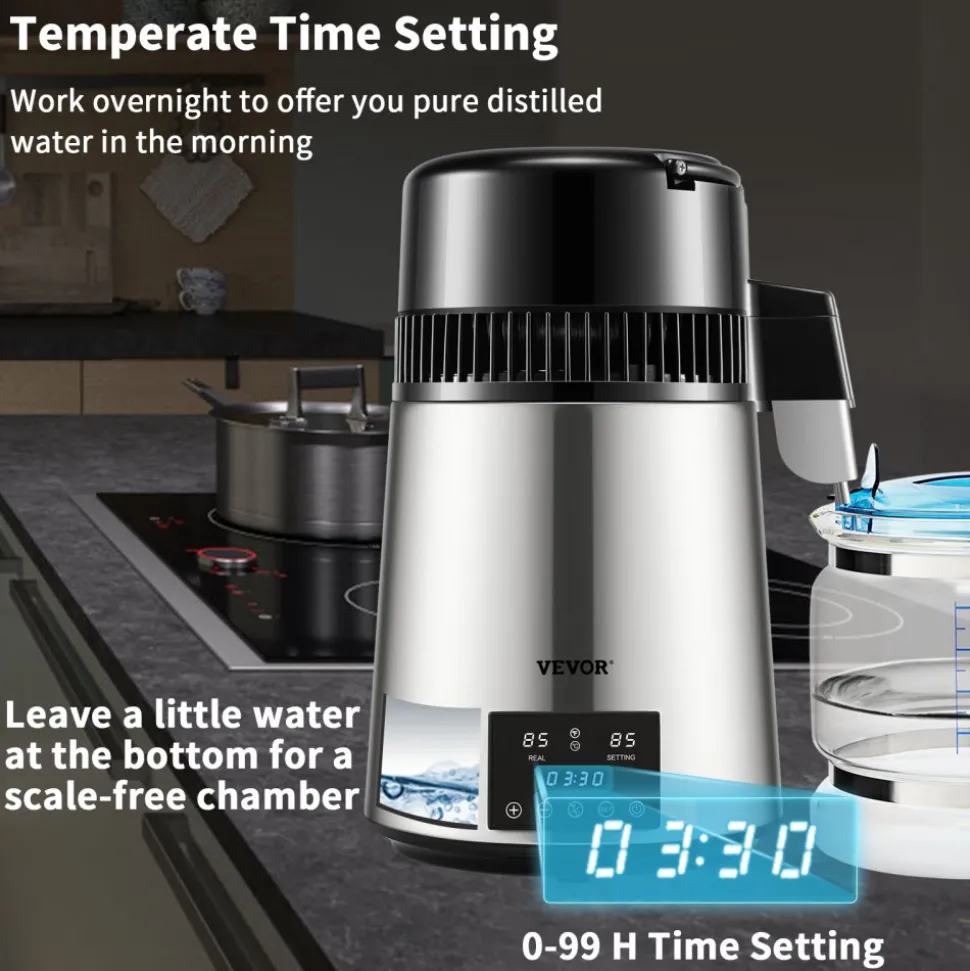 VEVOR 1.1Gal Water Distiller, 0.3Gal/H, 750W Distilled Water Maker Machine 0-99H Timing Dual Temp Display, 304 Stainless Steel Countertop Distiller Glass Carafe Cleaning Powder 3 Carbon Packs, Silver
