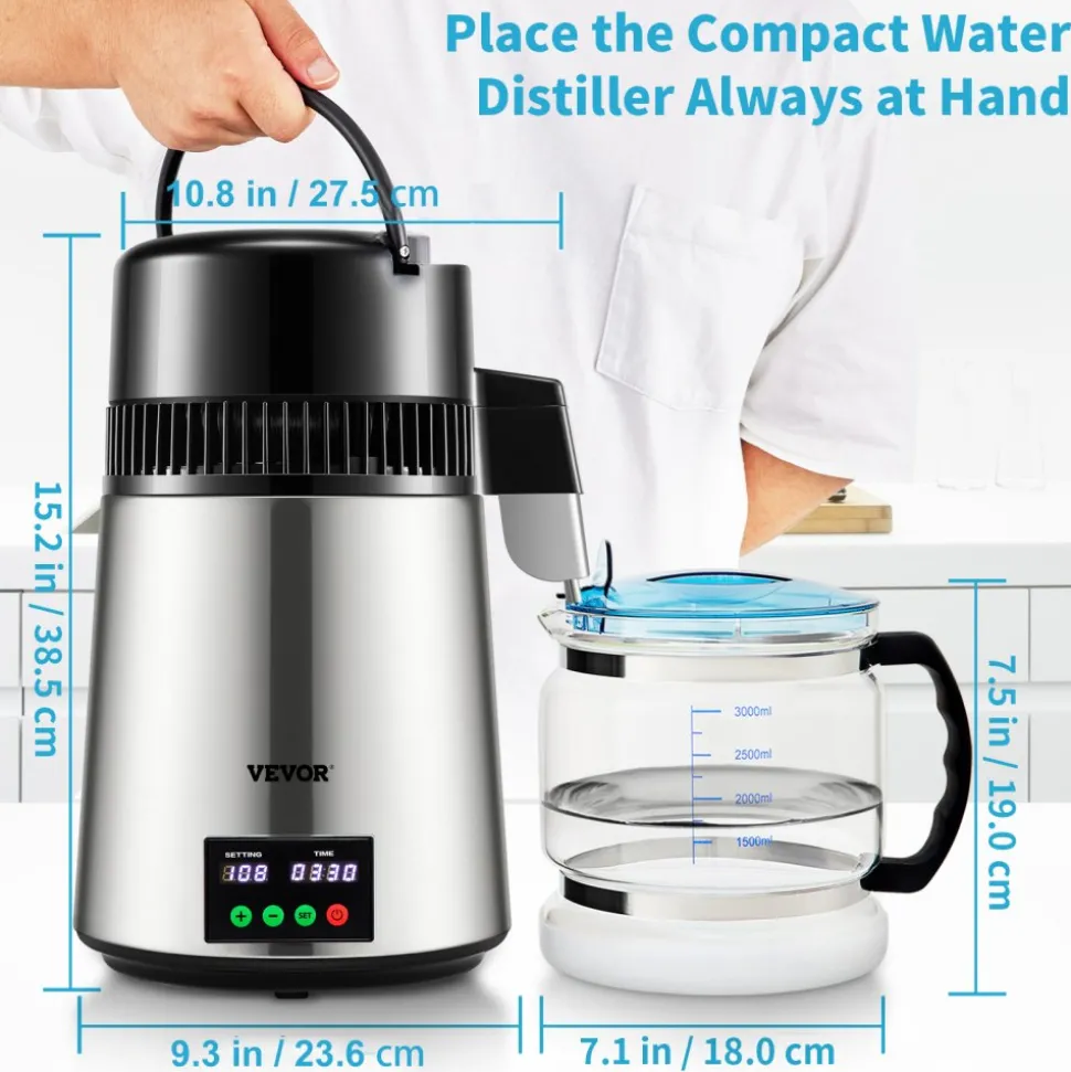 VEVOR 1.1Gal Water Distiller, 0.4Gal/H, Distilled Water Maker Machine 1750W 0-99H Timing Dual Temp Display, 304 Stainless Steel Countertop Distiller Glass Carafe Cleaning Powder 3 Carbon Packs, Silver