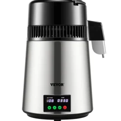 VEVOR 1.1 Gal Water Distiller, 0.3 Gal/H, 750W Distilled Water Maker Machine 0-99H Timing Set Temp Display, 304 Stainless Steel Countertop Distiller Glass Carafe Cleaning Powder 3 Carbon Packs, Silver