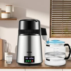 VEVOR 1.1Gal Water Distiller, 0.4Gal/H, Distilled Water Maker Machine 1750W 0-99H Timing Dual Temp Display, 304 Stainless Steel Countertop Distiller Glass Carafe Cleaning Powder 3 Carbon Packs, Silver
