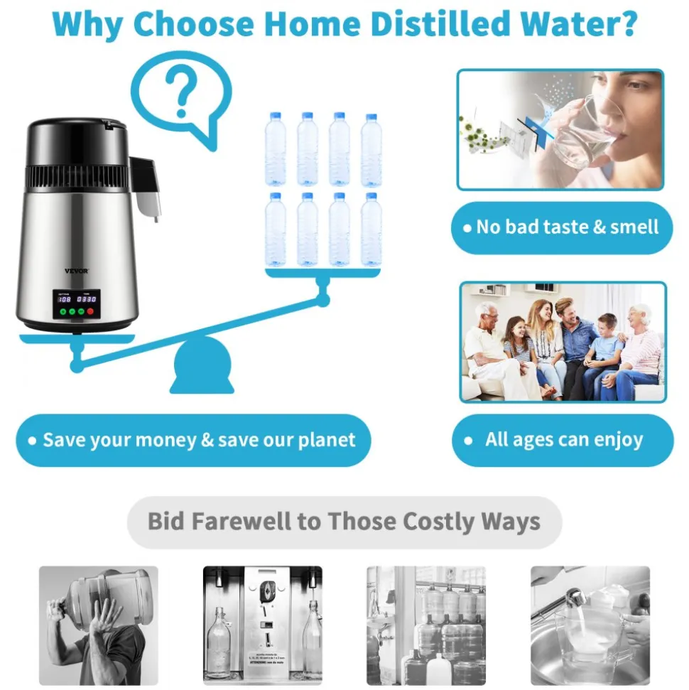 VEVOR 1.1Gal Water Distiller, 0.4Gal/H, Distilled Water Maker Machine 1750W 0-99H Timing Dual Temp Display, 304 Stainless Steel Countertop Distiller Glass Carafe Cleaning Powder 3 Carbon Packs, Silver