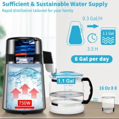VEVOR 1.1Gal Water Distiller, 0.4Gal/H, Distilled Water Maker Machine 1750W 0-99H Timing Dual Temp Display, 304 Stainless Steel Countertop Distiller Glass Carafe Cleaning Powder 3 Carbon Packs, Silver