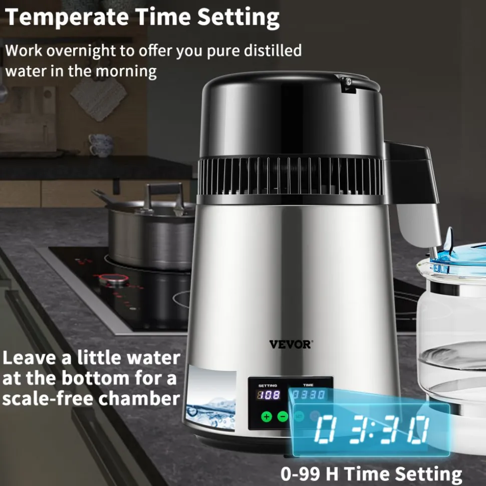 VEVOR 1.1Gal Water Distiller, 0.4Gal/H, Distilled Water Maker Machine 1750W 0-99H Timing Dual Temp Display, 304 Stainless Steel Countertop Distiller Glass Carafe Cleaning Powder 3 Carbon Packs, Silver