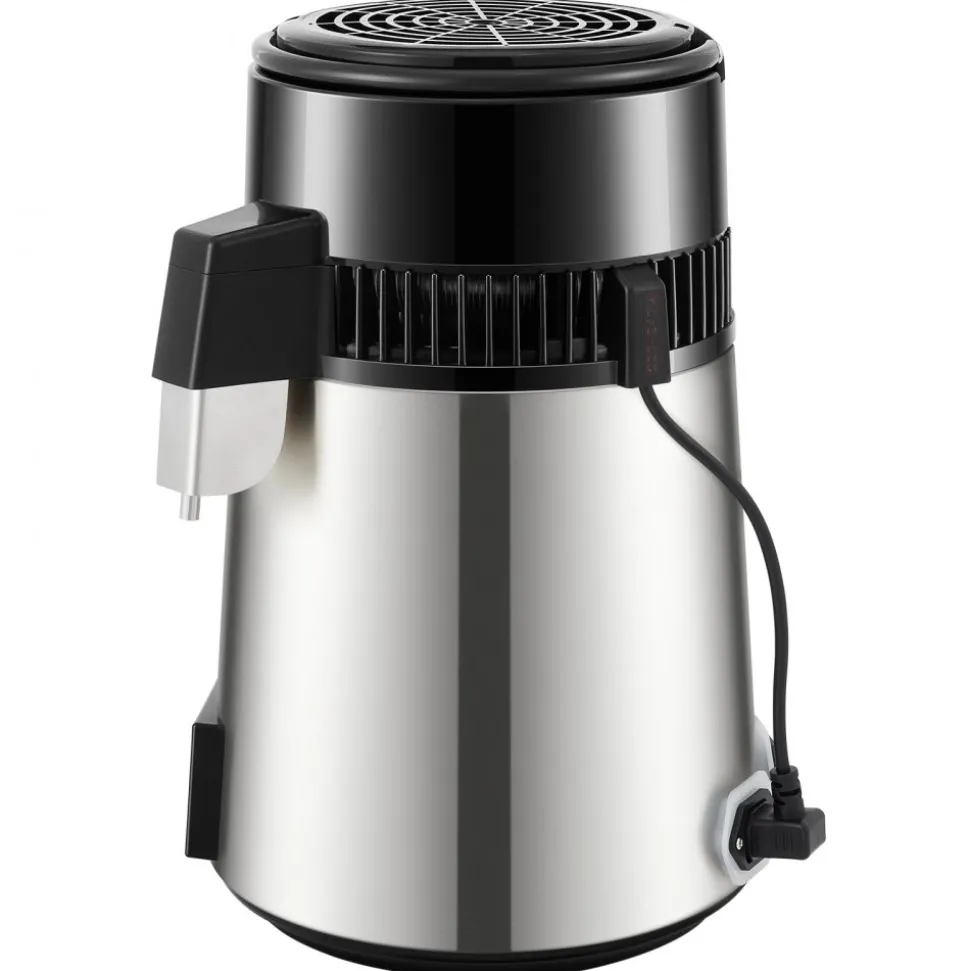 VEVOR 1.1Gal Water Distiller, 0.4Gal/H, Distilled Water Maker Machine 1750W 0-99H Timing Dual Temp Display, 304 Stainless Steel Countertop Distiller Glass Carafe Cleaning Powder 3 Carbon Packs, Silver