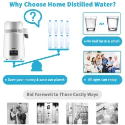 VEVOR 1.1Gal Water Distiller, 0.3Gal/H, 750W Distilled Water Maker Machine 0-99H Timing Dual Temp Display, 304 Stainless Steel Countertop Distiller Glass Carafe Cleaning Powder 3 Carbon Packs, Red