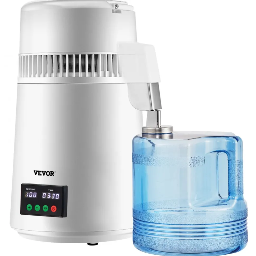 VEVOR 1.1Gal Water Distiller, 0.3Gal/H, 750W Distilled Water Maker Machine 0-99H Timing Dual Temp Display, 304 Stainless Steel Countertop Distiller Glass Carafe Cleaning Powder 3 Carbon Packs, Red