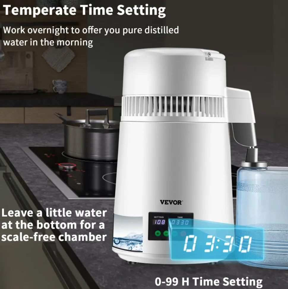 VEVOR 1.1Gal Water Distiller, 0.3Gal/H, 750W Distilled Water Maker Machine 0-99H Timing Dual Temp Display, 304 Stainless Steel Countertop Distiller Glass Carafe Cleaning Powder 3 Carbon Packs, Red