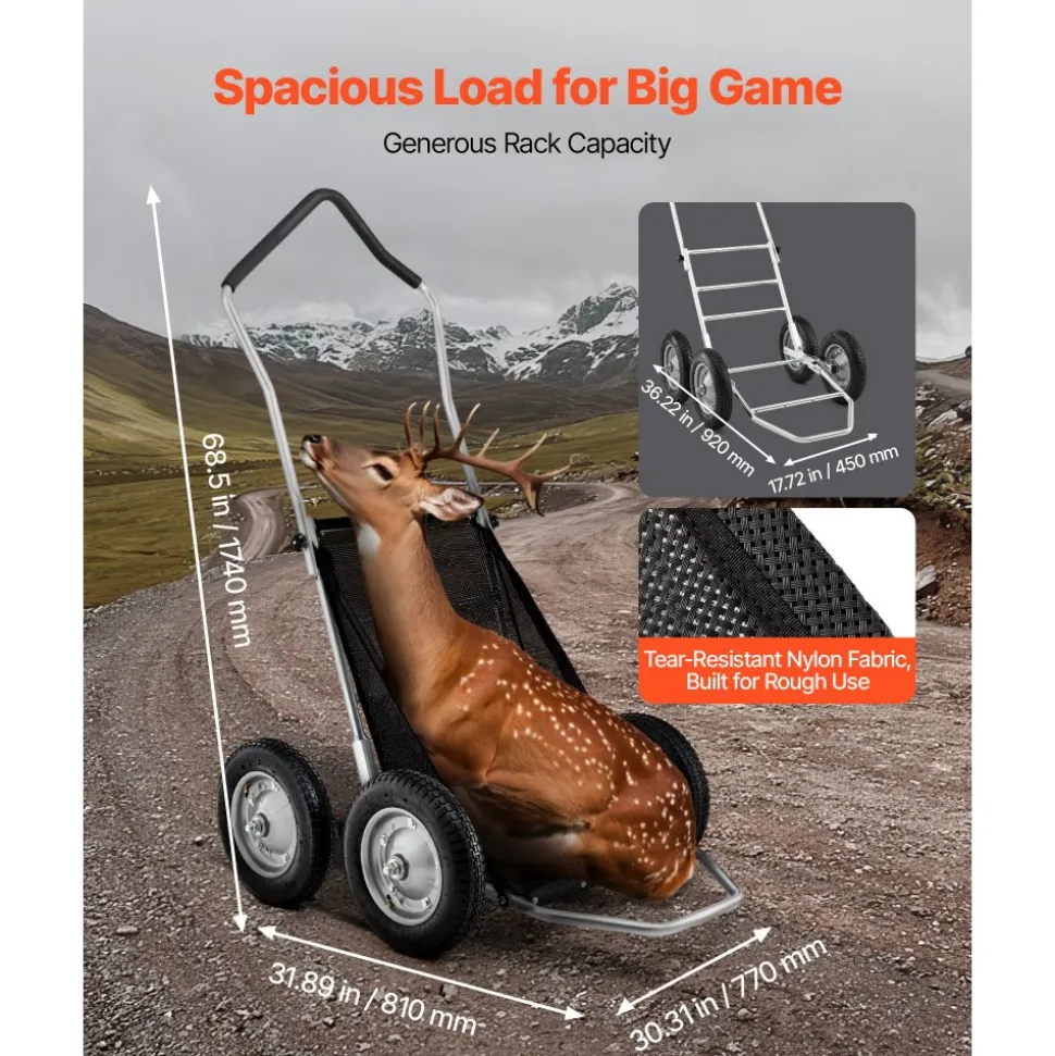 VEVOR Game Carts for Hunting, 500LBS Deer Cart Game Hauler, Heavy-Duty Crawler Cart, All-Terrain Folding Deer Hauling Cart with Shock-Absorbing Tires, Utility Gear Dolly for Hunting Fishing Hiking