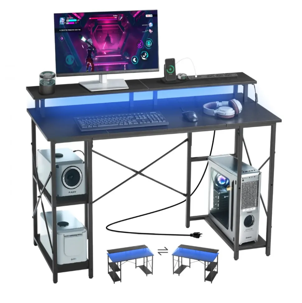 VEVOR 47" Gaming Desk with LED Lights & Power Outlets, Computer Desk with Monitor Stand & 2-Tier Storage Sheves, Study Work for Home Office, Black