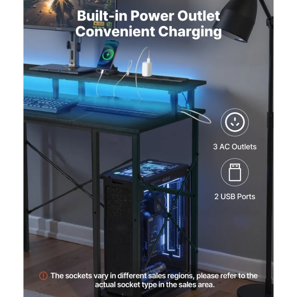 VEVOR 47" Gaming Desk with LED Lights & Power Outlets, Computer Desk with Monitor Stand & 2-Tier Storage Sheves, Study Work for Home Office, Black