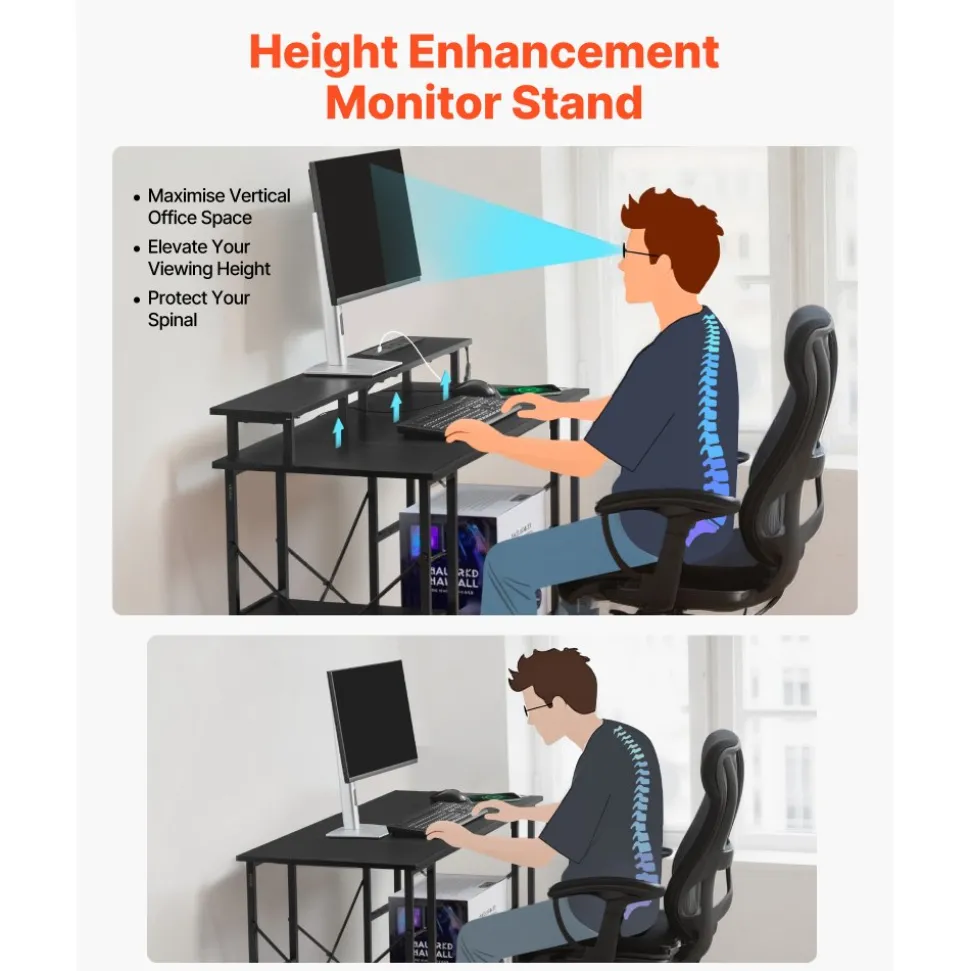VEVOR 47" Gaming Desk with LED Lights & Power Outlets, Computer Desk with Monitor Stand & 2-Tier Storage Sheves, Study Work for Home Office, Black