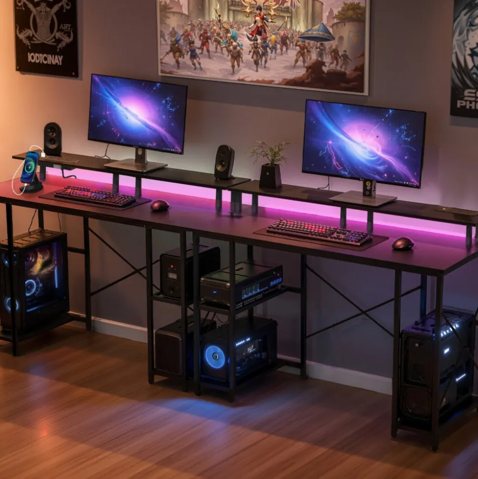 VEVOR 47" Gaming Desk with LED Lights & Power Outlets, Computer Desk with Monitor Stand & 2-Tier Storage Sheves, Study Work for Home Office, Black