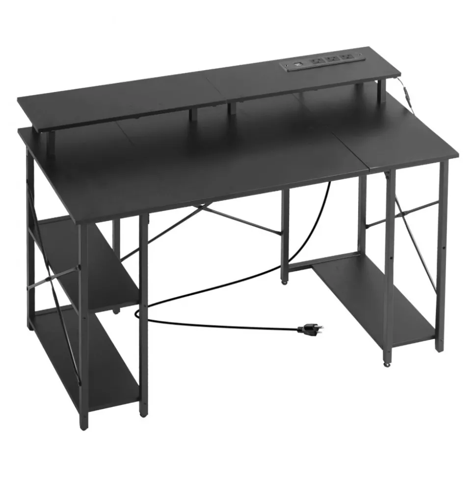 VEVOR 47" Gaming Desk with LED Lights & Power Outlets, Computer Desk with Monitor Stand & 2-Tier Storage Sheves, Study Work for Home Office, Black