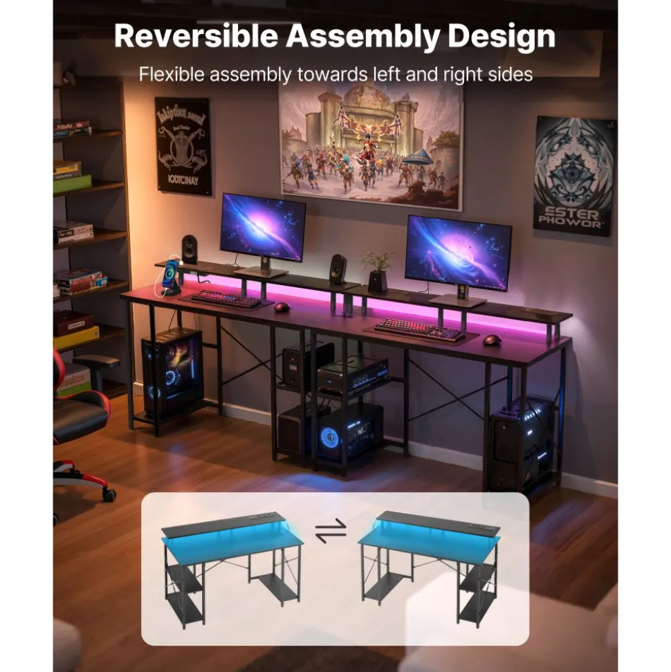 VEVOR 47" Gaming Desk with LED Lights & Power Outlets, Computer Desk with Monitor Stand & 2-Tier Storage Sheves, Study Work for Home Office, Black