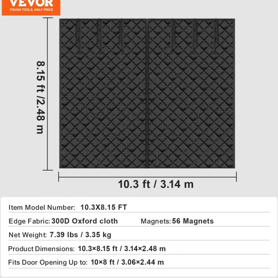 VEVOR Garage Door Screen for Winter, 10x8FT, Garage Door Insulation Kit, Magnetic Thermal Insulated Door Curtain with 300D Oxford Fabric Heavy Duty Weighted Bottom, Easy Assembly for Garage Door