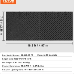 VEVOR Garage Door Screen for Winter, 16x7FT, Garage Door Insulation Kit, Magnetic Thermal Insulated Door Curtain with 300D Oxford Fabric Heavy Duty Weighted Bottom, Easy Assembly for Garage Door