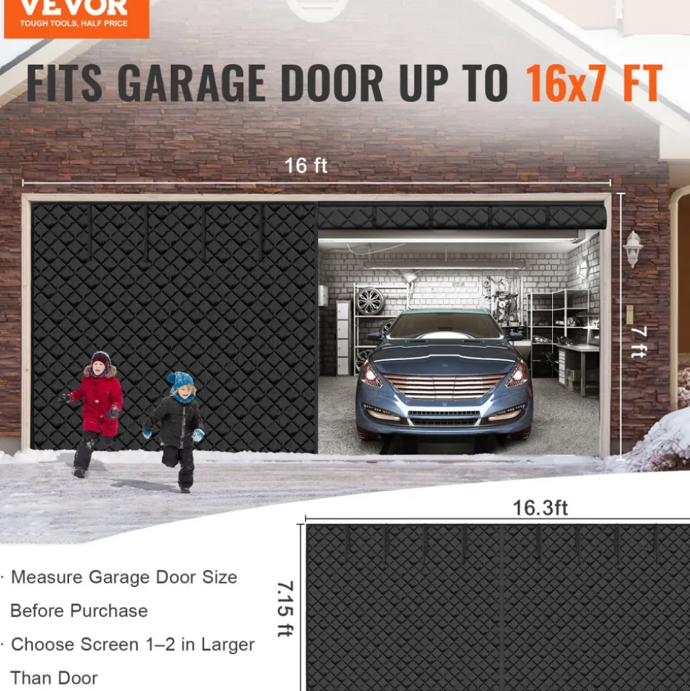 VEVOR Garage Door Screen for Winter, 16x7FT, Garage Door Insulation Kit, Magnetic Thermal Insulated Door Curtain with 300D Oxford Fabric Heavy Duty Weighted Bottom, Easy Assembly for Garage Door