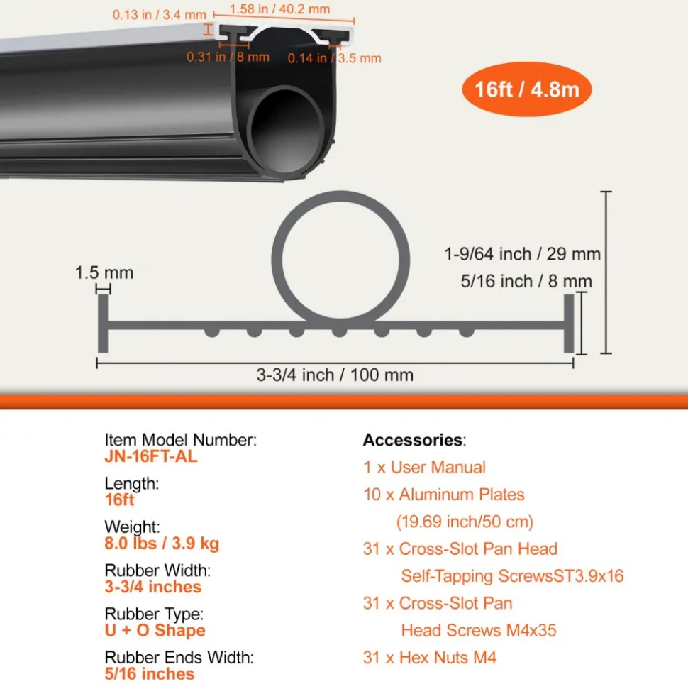 VEVOR Garage Door Seals Bottom Rubber, U Shape +O Ring Combination Garage Door Weather Stripping with Pre-drilled Aluminum Track Retainer Kit, 5/16 inch T-ends and 3 3/4 inch Width (16 Ft, Black)