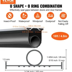 VEVOR Garage Door Seals Bottom Rubber, U Shape +O Ring Combination Garage Door Weather Stripping with Pre-drilled Aluminum Track Retainer Kit, 5/16 inch T-ends and 3 3/4 inch Width (16 Ft, Black)