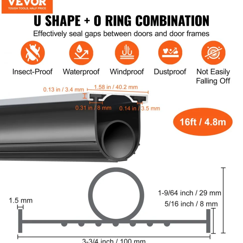 VEVOR Garage Door Seals Bottom Rubber, U Shape +O Ring Combination Garage Door Weather Stripping with Pre-drilled Aluminum Track Retainer Kit, 5/16 inch T-ends and 3 3/4 inch Width (16 Ft, Black)
