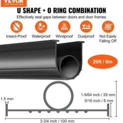 VEVOR Garage Door Seals Bottom Rubber, U Shape +O Ring Garage Door Weather Stripping, Universal Weatherproof Threshold Buffering Sealing Rubber , 5/16 inch T-ends and 3 3/4 inch Width (20 Ft, Black)