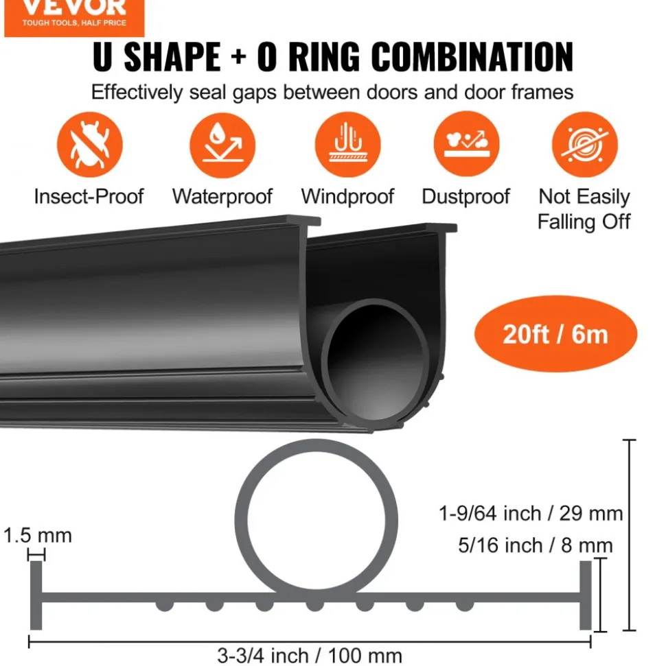 VEVOR Garage Door Seals Bottom Rubber, U Shape +O Ring Garage Door Weather Stripping, Universal Weatherproof Threshold Buffering Sealing Rubber , 5/16 inch T-ends and 3 3/4 inch Width (20 Ft, Black)