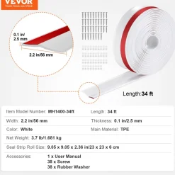 VEVOR Garage Door Seal Top and Sides Seal Strip, 34 FT Universal Weather Stripping Replacement Soft and Hard Composite, Weatherproofing Garage Door TPE Seals with Adhesive Backed and Screws, White