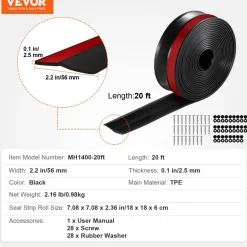 VEVOR Garage Door Seal Top and Sides Seal Strip, 20 FT Universal Weather Stripping Replacement Soft and Hard Composite, Weatherproofing Garage Door TPE Seals with Adhesive Backed and Screws, Black