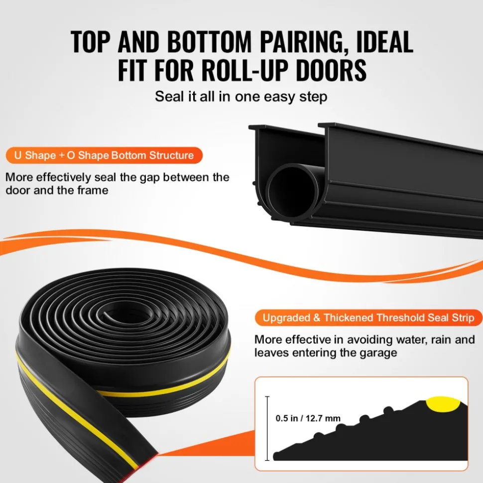 VEVOR Garage Door Threshold and Bottom Seals Kit, 16 FT U Shape+O Ring Universal Garage Door Bottom Seal Weatherstrip PVC, Combine with Weatherproof Garage Threshold Seal Strip with Adhesive, Black
