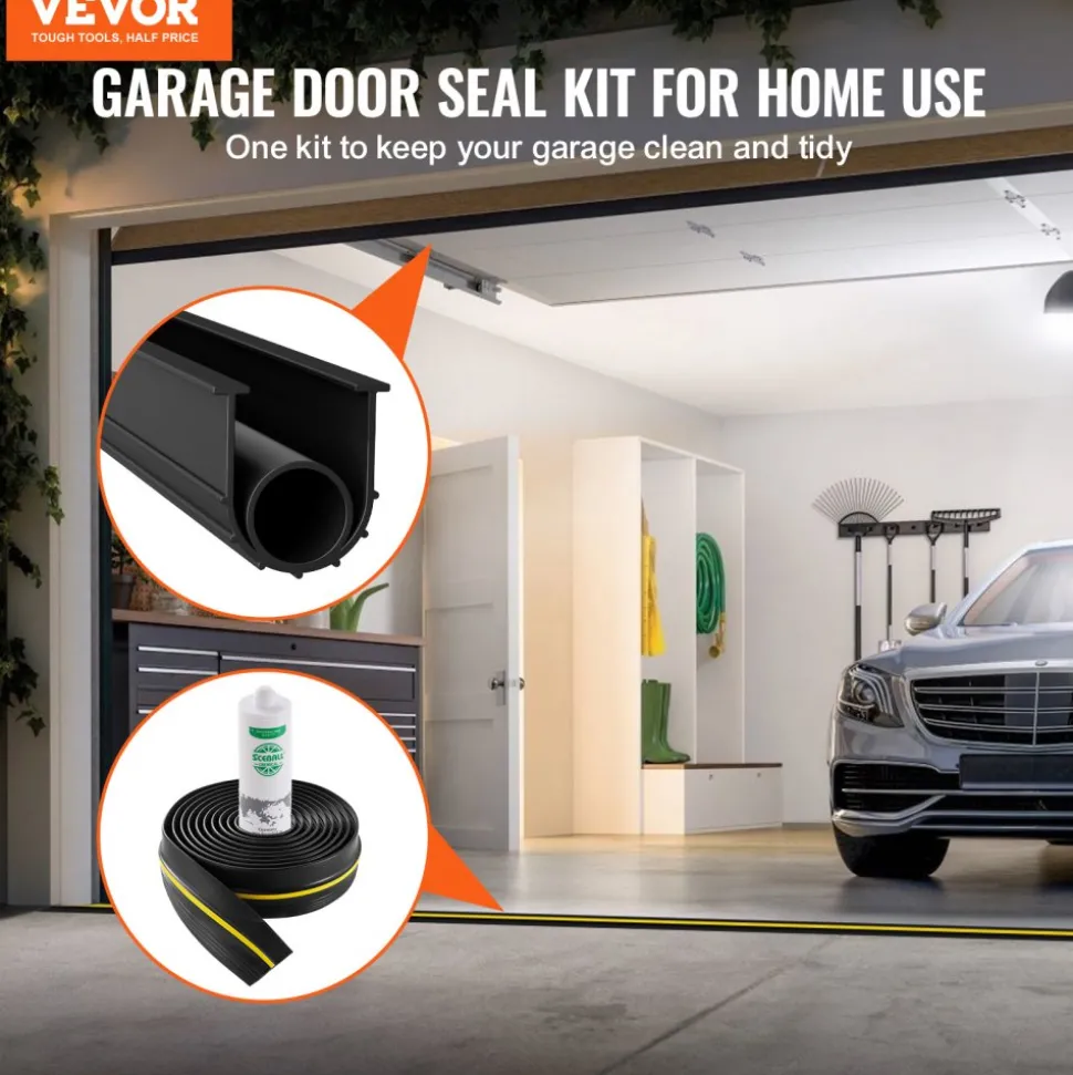 VEVOR Garage Door Threshold and Bottom Seals Kit, 16 FT U Shape+O Ring Universal Garage Door Bottom Seal Weatherstrip PVC, Combine with Weatherproof Garage Threshold Seal Strip with Adhesive, Black