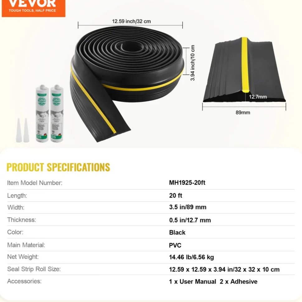 VEVOR Garage Door Threshold Seal Strip, 20 FT Universal Garage Door Floor Seal Strip with Adhesive, Garage Door Bottom Weatherproof Strip, Upgraded Thick PVC DIY Weather Stripping Replacement, Black